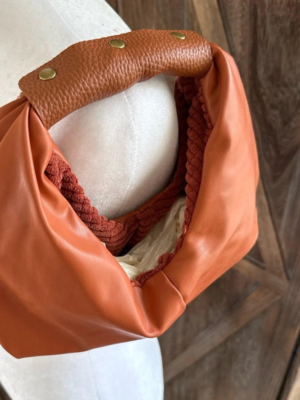 Rust Orange Soft Leather Hobo Bag with Braided Lining Detail